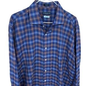Mens Peter Millar Plaid Winter Soft Twill Button Down Shirt XL Blue Long Sleeve‎